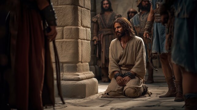 Jesus kneels before a stone pillar in the Roman courtyard with His hands bound in chains, while soldiers stand nearby holding leather whips, revealing His humble obedience and sacrificial love before 