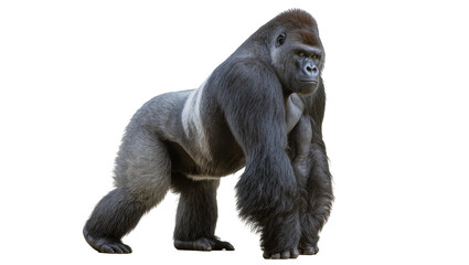 Fototapeta premium Isolated powerful adult silverback gorilla standing, majestic primate, full body profile view.