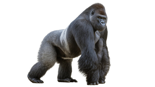 Isolated powerful adult silverback gorilla standing, majestic primate, full body profile view.