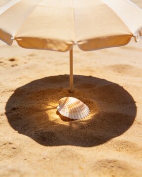 A miniature beach umbrella casts a circular shadow over a single seashell resting on golden sand, symbolizing a peaceful summer vacation.