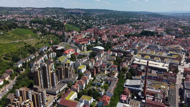  A panoramic aerial view beside the old town in the city Esslingen in Germany on a sunny summer noon. 