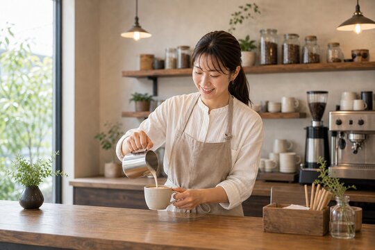 ミルクを注ぐカフェのバリスタ