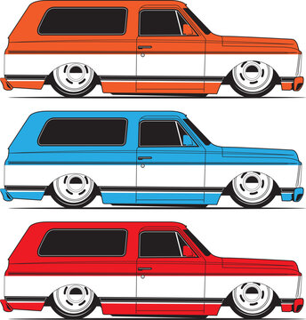 Collection of three custom 1980s Square Body SUVs slammed. SVG Vector Format. Perfect for car show banners, flyers, ads, etc. Hand drawn illustrations