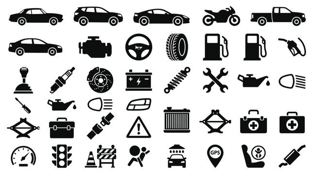 Automotive And Vehicle Component Silhouettes On A White Background