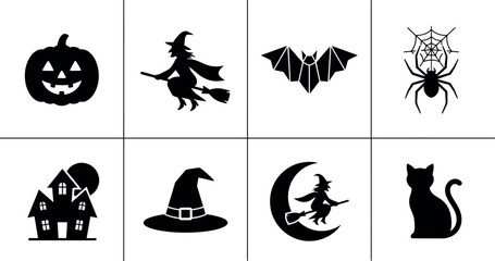 Fototapeta premium Modern Halloween icon set with a smiling pumpkin flying witch and mysterious haunted house