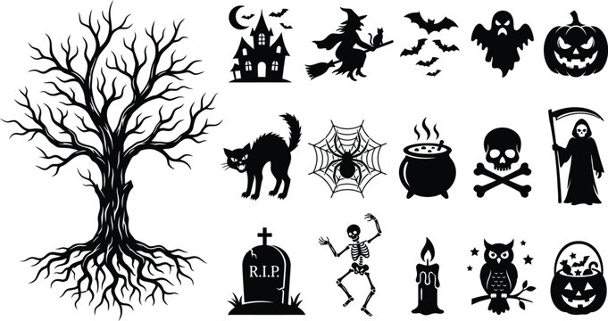 Halloween day symbols and icons spooky black silhouettes for decoration