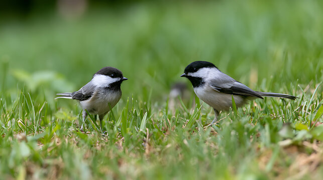 Two adorable small birds, commonly known as chickadees or titmice (genus Poecile), stand curious in vibrant green grass field on a sunny day