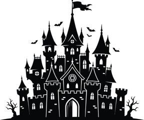 Fototapeta premium Spooky silhouette halloween day castle illustration for creepy decorations