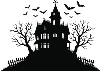 Spooky halloween night haunted house with bats and trees silhouette © NASIMA