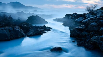 Fototapeta premium Nordic Twilight: Luminous Geothermal Waters of the Blue Lagoon Amidst Volcanic Fields