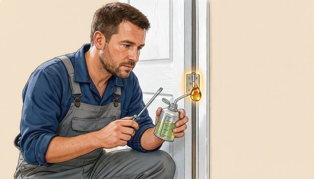 Man fixing squeaky door hinge with lubricant spray and screwdriver kneeling near white door frame representing indoor home maintenance and professional repair project.