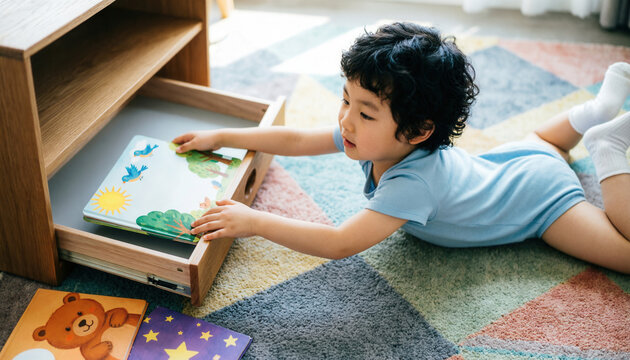 Curious dark-haired toddler lying on colorful geometric rug reaching into open wooden drawer selecting bright picture storybook from low shelf unit in cozy bright home nursery learning environment.