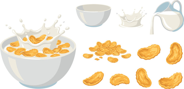Crispy corn flakes breakfast cereal vector illustration set with milk splash bowl ceramic jug pouring yogurt pile and single golden flakes isolated on white background