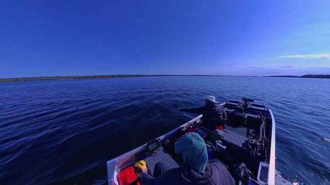 Two anglers cruising at large lake during cloudy spring day looking for fishing spot. Peaceful retreat from the busy life routine. Couple relaxing in utility boat, trolling on beautiful lake water.