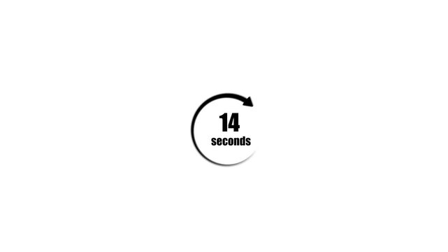 Black circular arrow loading icon with 14 seconds timer text, continuous countdown or refresh loop symbol for web and app user interface, motion graphic isolated on white background.