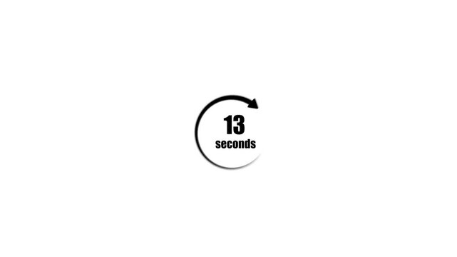 Black circular arrow loading icon with 13 seconds timer text, continuous countdown or refresh loop symbol for web and app user interface, motion graphic isolated on white background.