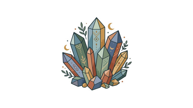 Healing crystal points with celestial motifs.