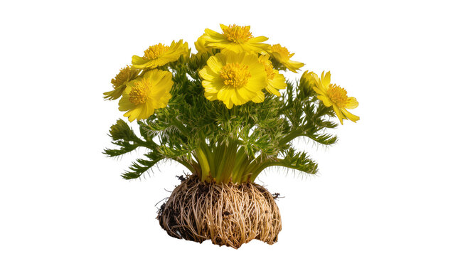 Isolated blooming spring adonis plant with vibrant yellow flowers and exposed root system