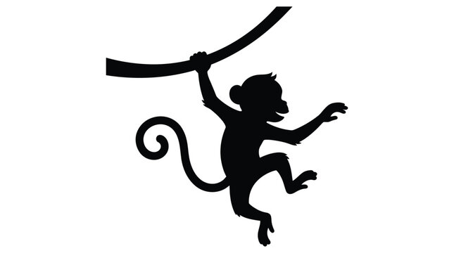 Monkey clinging to branch black silhouette on white background
