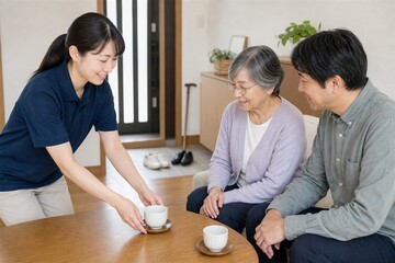 Fototapeta premium 玄関近くでお茶を出す介護サポート