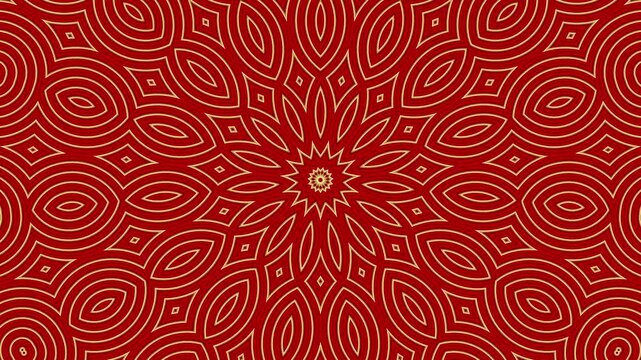 Elegant golden mandala pattern on deep red background, ornate floral kaleidoscope animation for luxury motion graphics 4k video