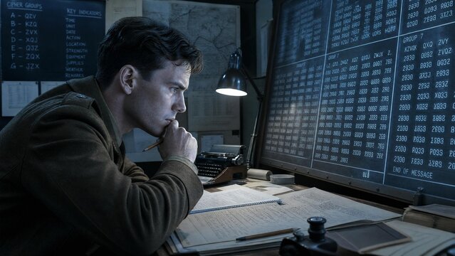 Focused Intelligence Officer Deciphering Cryptographic Codes in Vintage Military Office