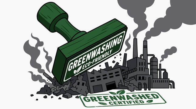 Greenwashing stamp crushing factory buildings symbolizing corporate deception about environmental friendliness