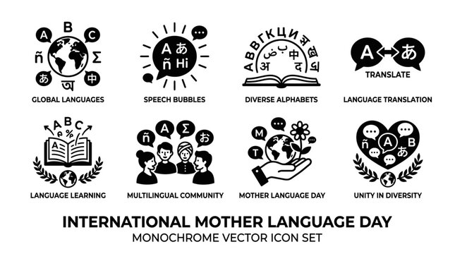 International Mother Language Day celebration with diverse language icons and multilingual community symbols.