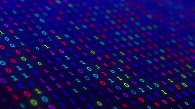 Digital data stream background with glowing binary code numbers in blue and purple, abstract cybersecurity network flow 4k video