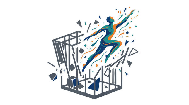 Abstract human figure breaking free from a geometric cage with colorful particles exploding outwards