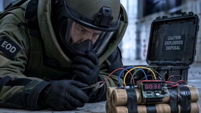 Professional EOD Technician Defusing Time Bomb with Wire Cutters in Full Protective Suit