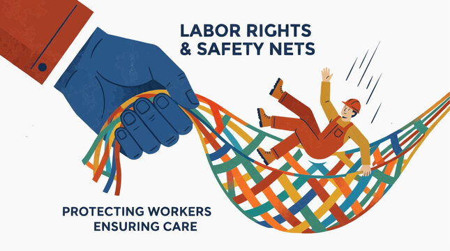 Giant hand holding colorful safety net catching falling worker symbolizing labor rights and protection