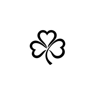 Minimalist black silhouette of a three leaf clover isolated on a white background.