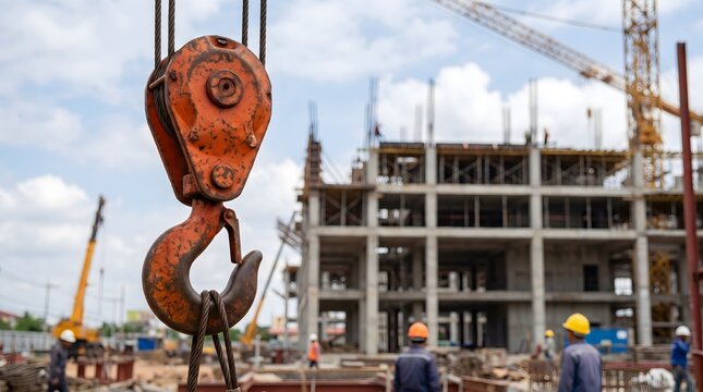 Construction site with a crane hook in the foreground
