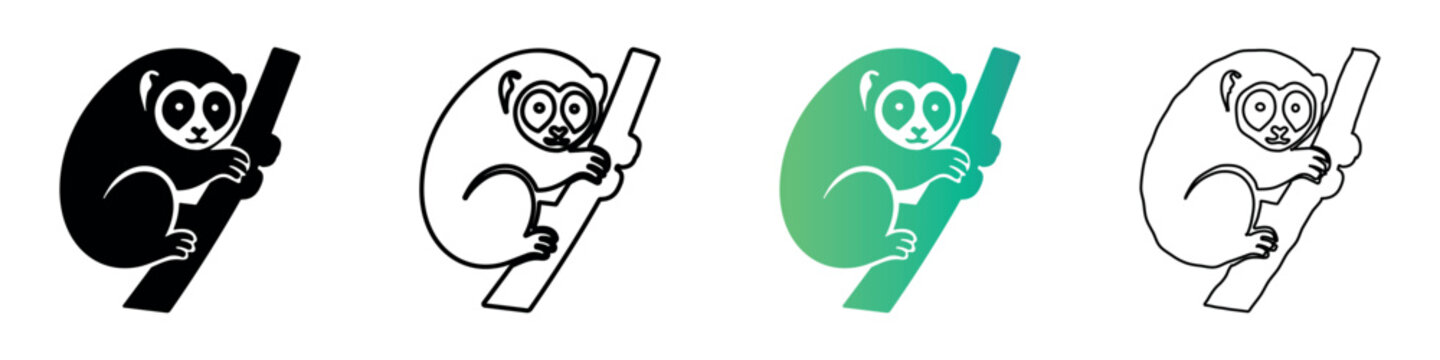 Stylized slow loris clinging to a branch in various artistic representations