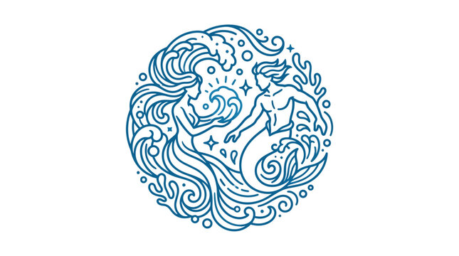 Mermaid and merman swimming in ocean wave circle.