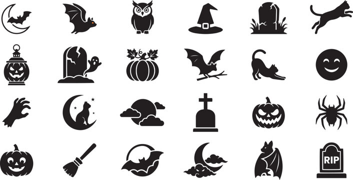 Halloween icons vector silhouette set with spooky objects and symbols collection