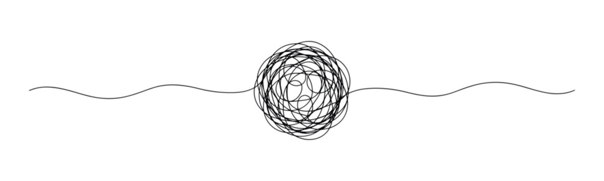Tangled Thoughts: A visual representation of mental confusion or a complex problem, depicted by a chaotic scribble at the center of a smooth, wavy line, symbolizing the journey through complexity.
