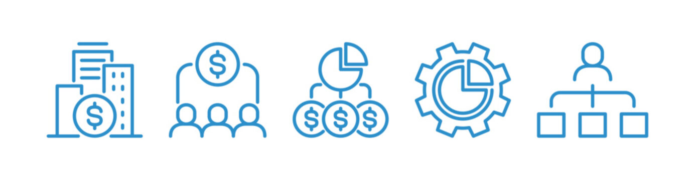 Corporate hierarchy icon collection drawn with blue outline on white background, business organization and management structure symbols, finance concept vector illustration.