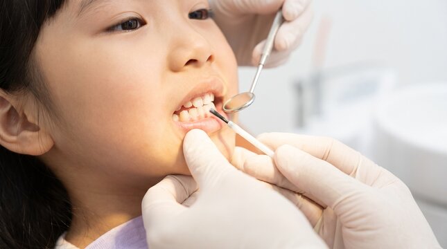 Asian child receiving fluoride varnish application from dentist during pediatric dental treatment, close-up of teeth, dental mirror and brush in clinic