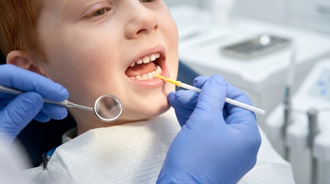 Child receiving fluoride varnish application from dentist during pediatric dental treatment, close-up of teeth, dental mirror and brush in clinic