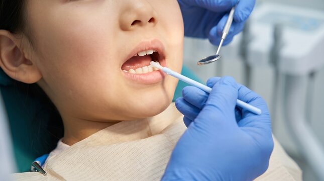 Asian child receiving fluoride varnish application from dentist during pediatric dental treatment, close-up of teeth with dental mirror and brush in clinic