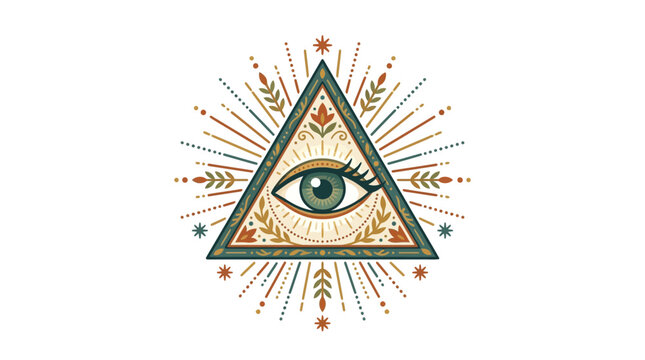 Mystical eye of providence within ornate geometric triangle illustration.