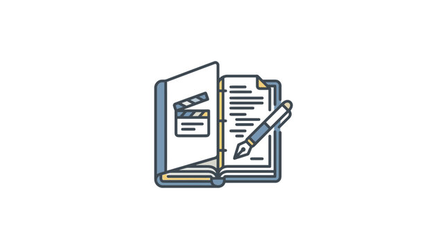 Notebook with film board and pen scriptwriting icon.