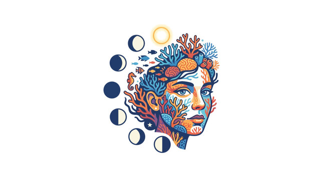 Ocean coral reef woman face with moon phases.