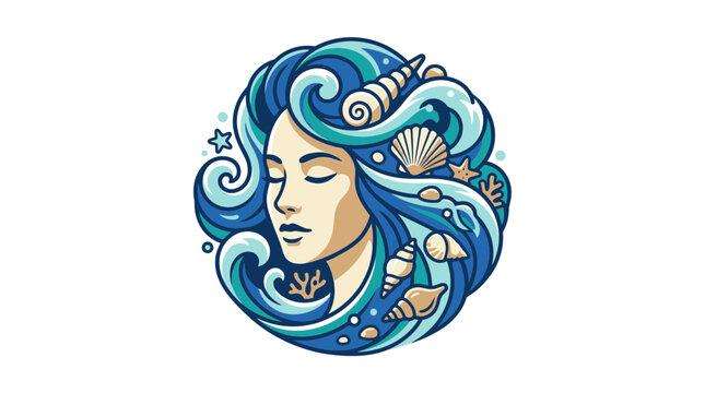 Ocean wave woman portrait with seashells and marine life