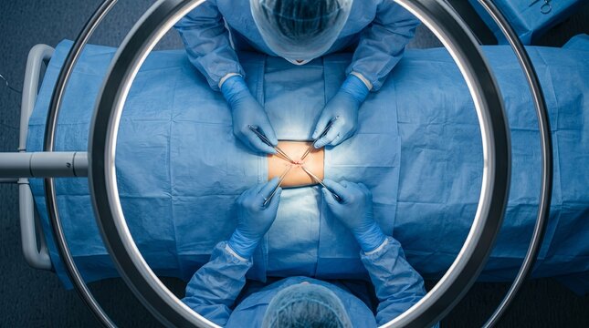 Top down surgical team making precise abdominal incision under bright operating light with blue sterile drapes, gloves, instruments, patient support, careful coordination