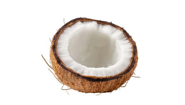 Isolated fresh cut coconut with half of shell, showing healthy delicious pulp and coconut milk