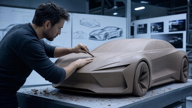 Professional Automotive Designer Sculpting Clay Prototype Model of Modern Concept Sports Car in Design Studio