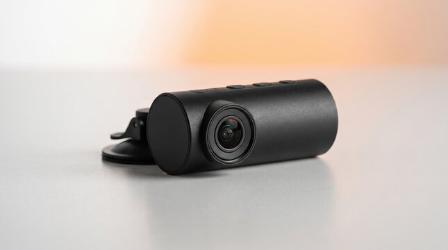 Minimal black dash camera on neutral surface